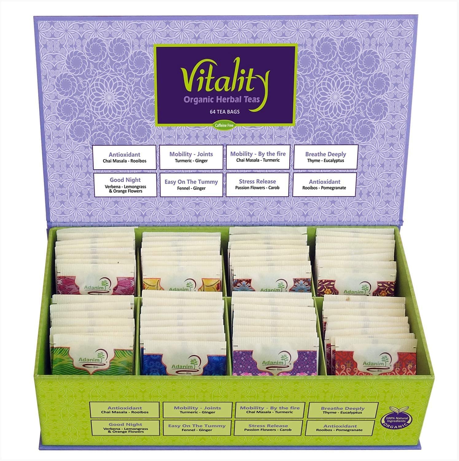 Adanim Bio Vitality Organic Herbal Tea Sampler Gift Box Caffeine Free 8 Unique Flavors for Tea Lovers 64 Individually Wrapped Tea Bags Variety Pack