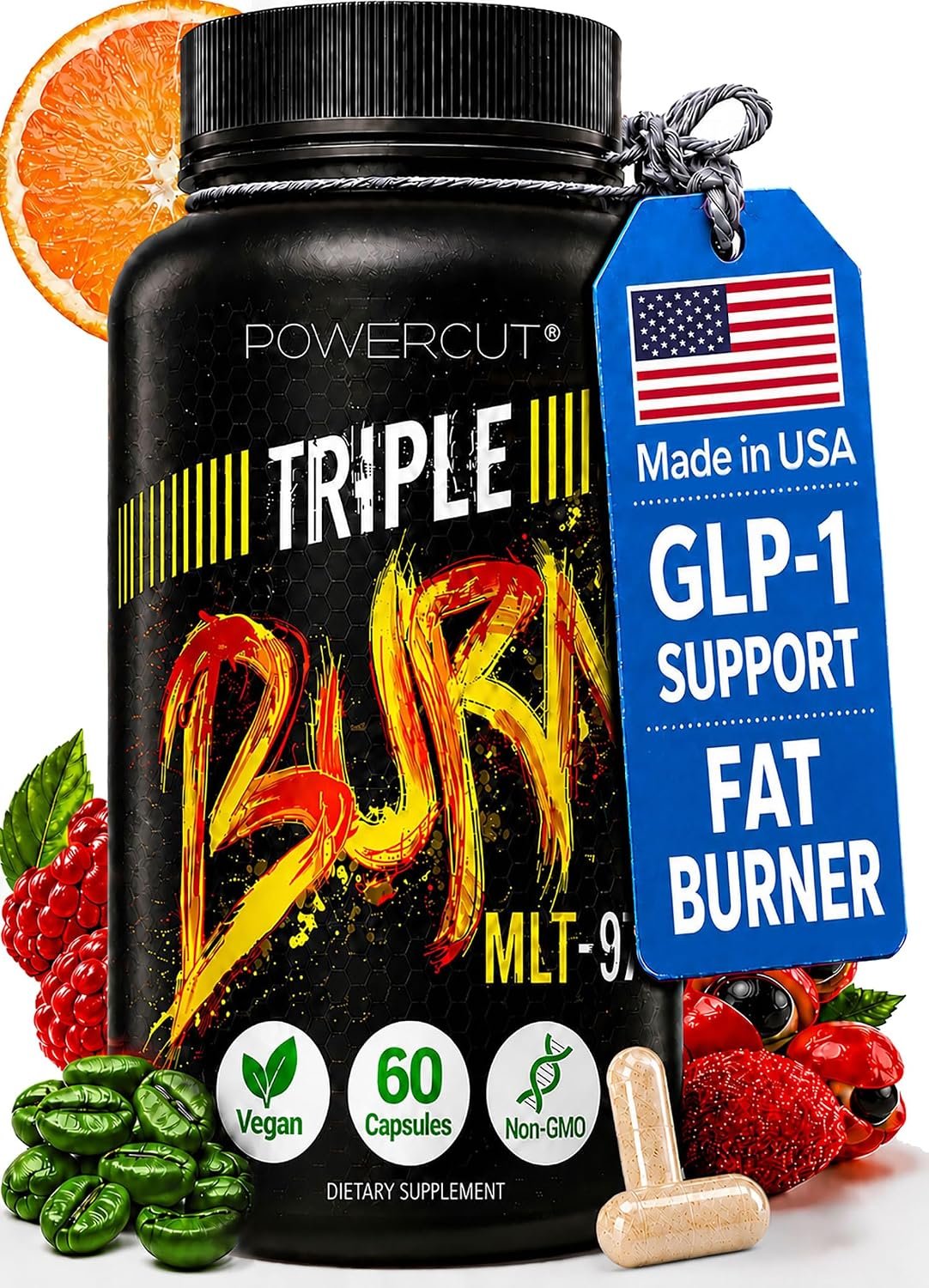 Triple Burn Weight Loss Pills for Women & Men, Fat Burner GLP-1 Support, Appetite Suppressant, Diet Pills with Green Coffee Extract & Cayenne (60 Capsules)