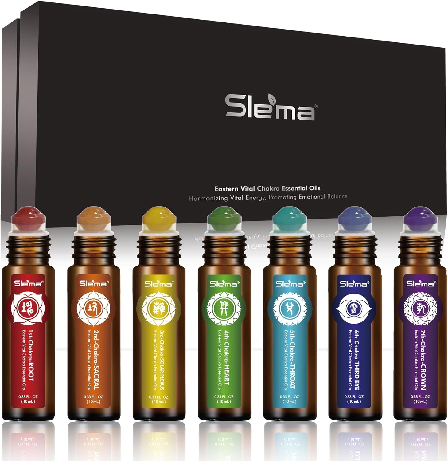 Slema 7 Chakra Essential Oil Roll-On Gift Set (10ml x 7) | Crystal & Jade Rollerballs for Mindfulness, Relaxation & Daily Self Care Rituals