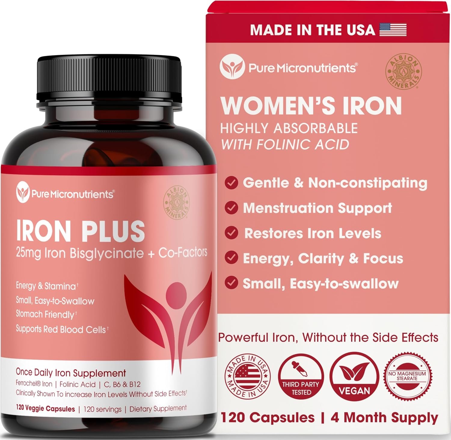 Iron Supplement for Women, Gentle Iron Bisglycinate 25mg, 120 Count | With vitamin C, B6, B12 & folic acid; supports iron deficiency, menstrual health & energy; gentle on the stomach