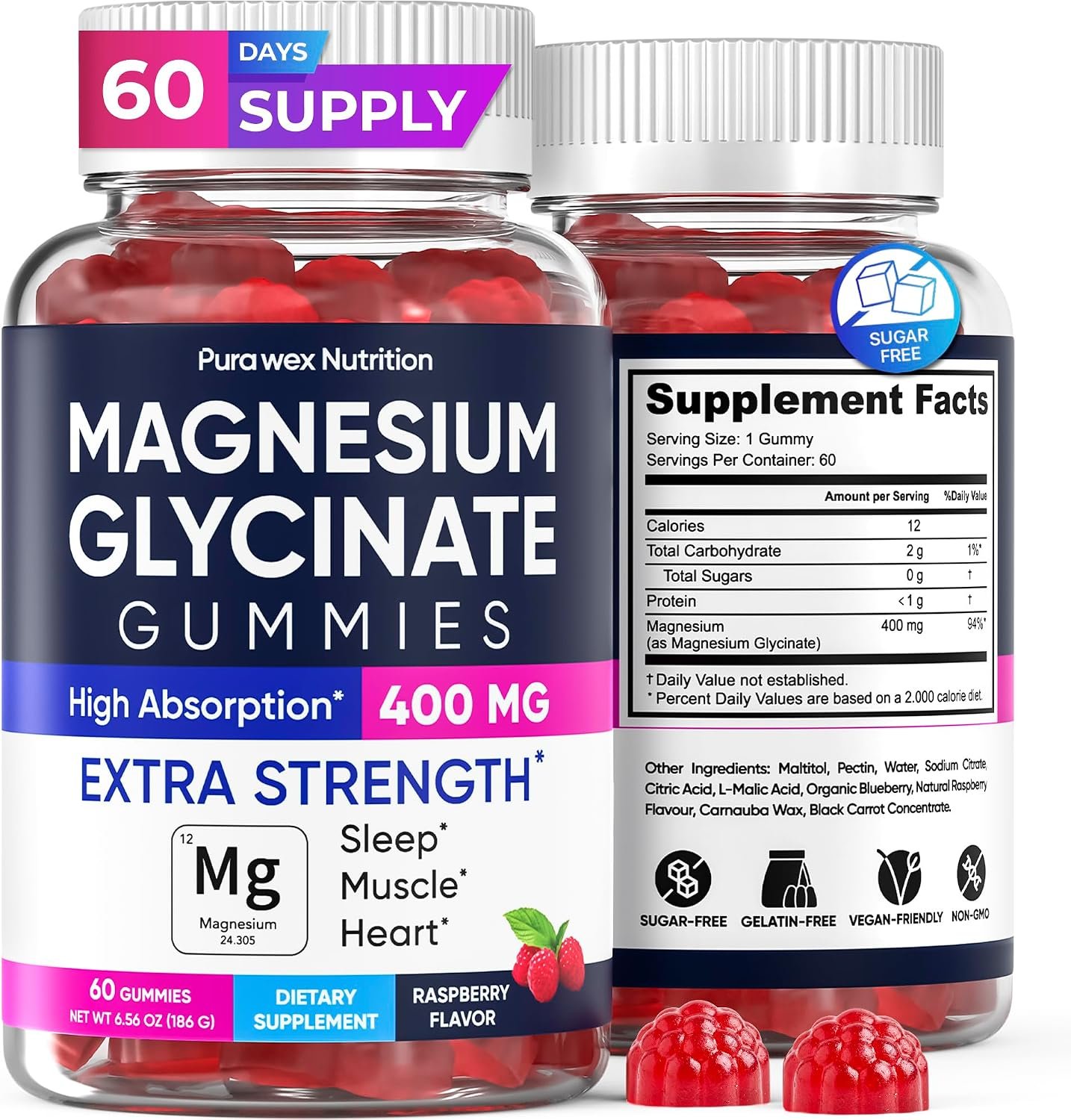 Magnesium Glycinate Gummies 400mg, High Absorption Magnesium Supplement for Women, Men and Kids, Muscle Support and Relaxation, Sugar Free, Vegan, 60 Days Supply
