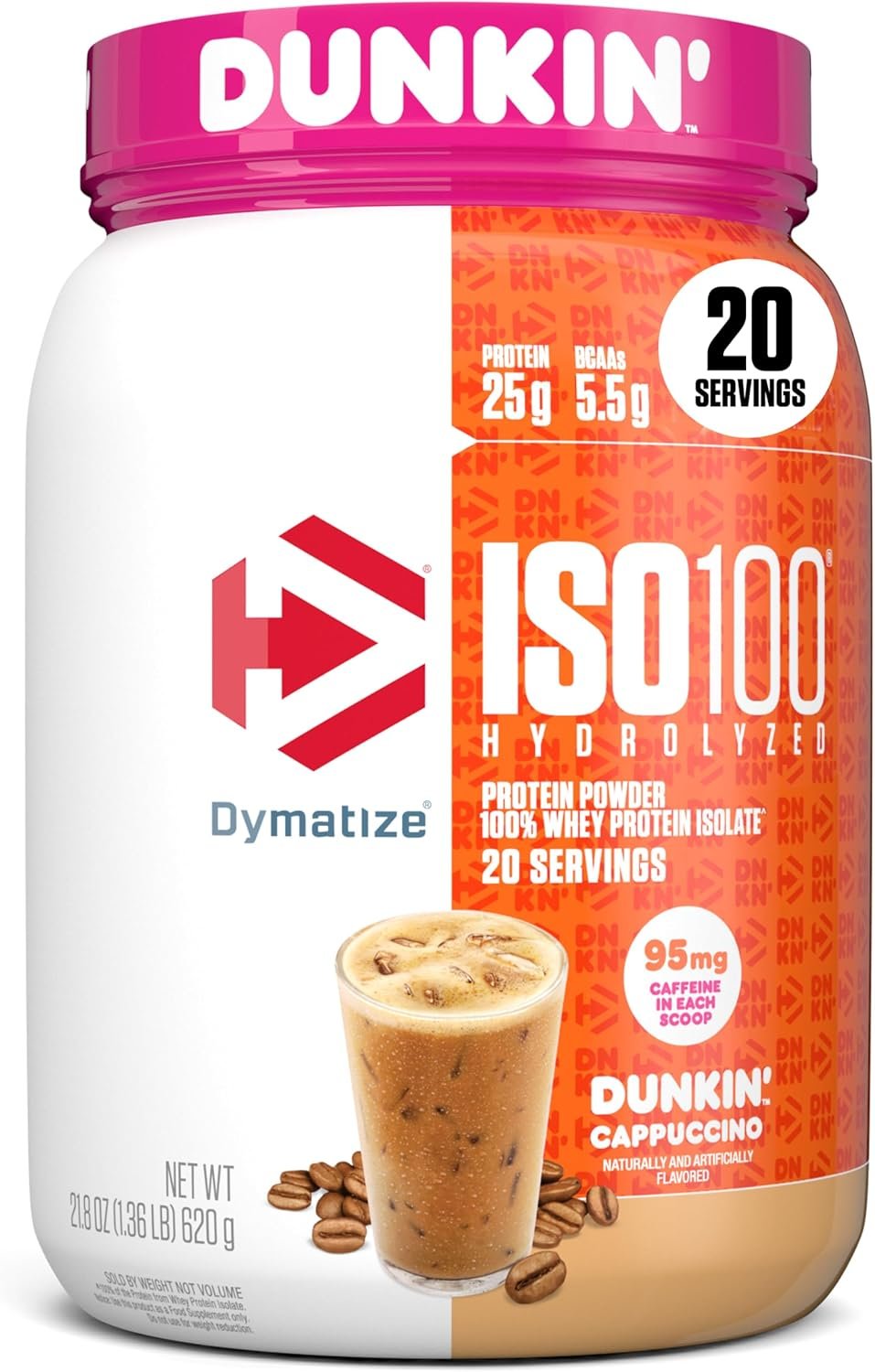 Dymatize ISO100 Protein Powder +Energy, 100% Whey Isolate, Cappuccino | 25g Protein, 95mg Caffeine, Hydrolyzed, Fast-Absorbing, Supports Muscle Health, 5.5g BCAAs, Gluten-Free, 20 Servings, 1.4 lb