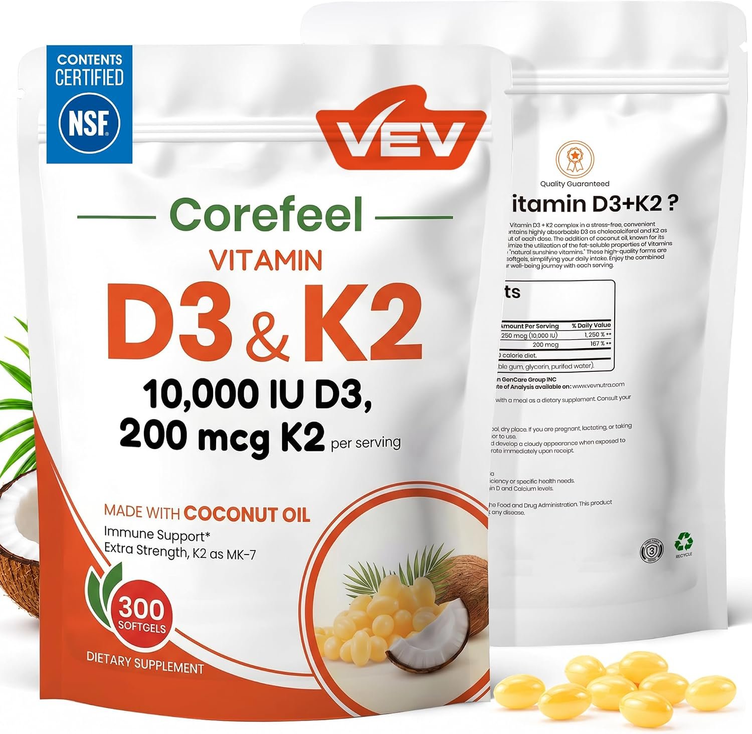 VEV Vitamin D3 K2 10,000 IU, 200 mcg MK-7, 300 Coconut Oil Softgels | NSF Certified, 2-in-1 Vitamin D3 & K2 Supplement
