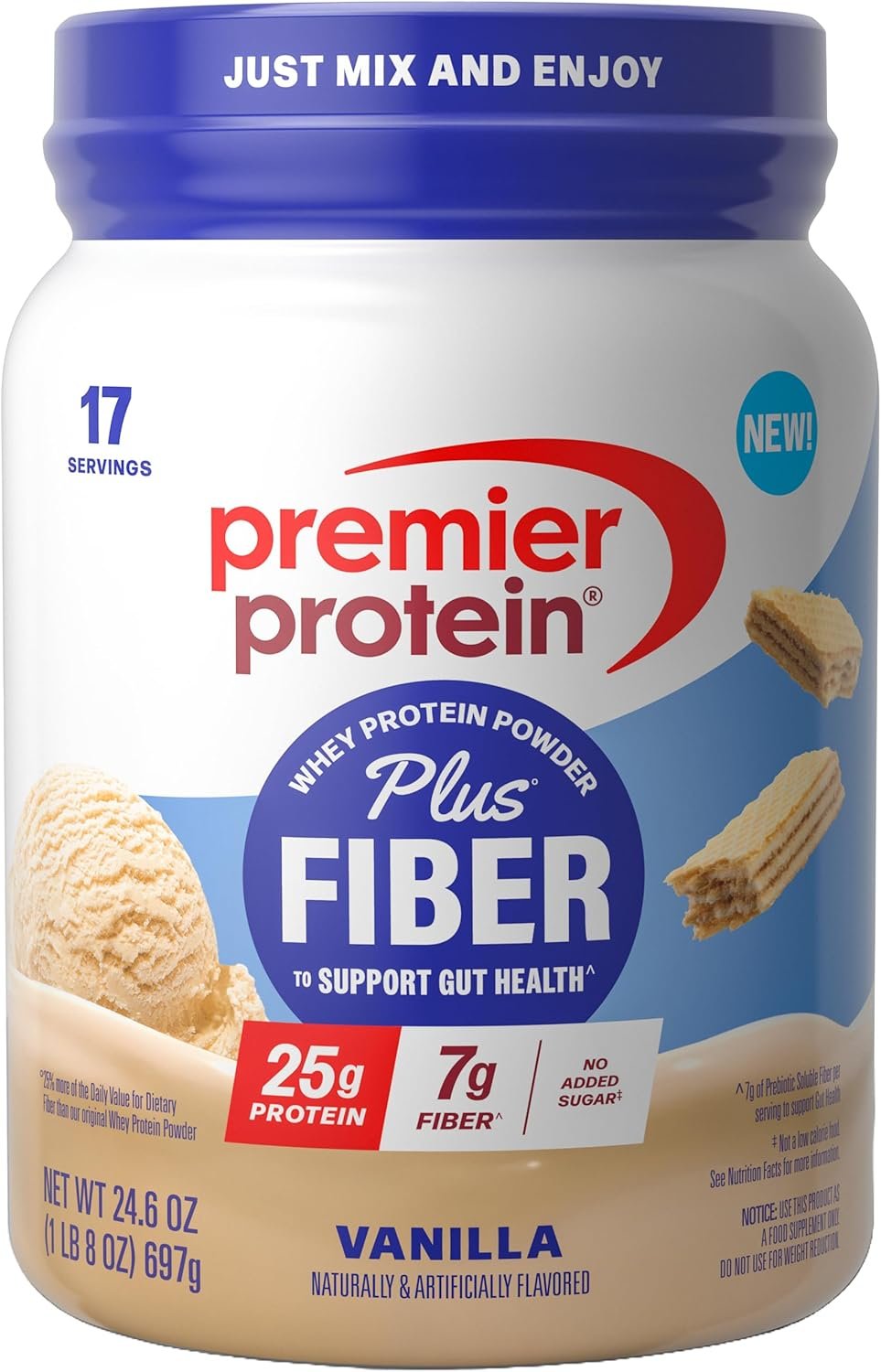 Premier Protein Powder Plus Fiber, Vanilla, 25g Protein, 7g Fiber to Support Gut Health, No Added Sugar (17 Servings)