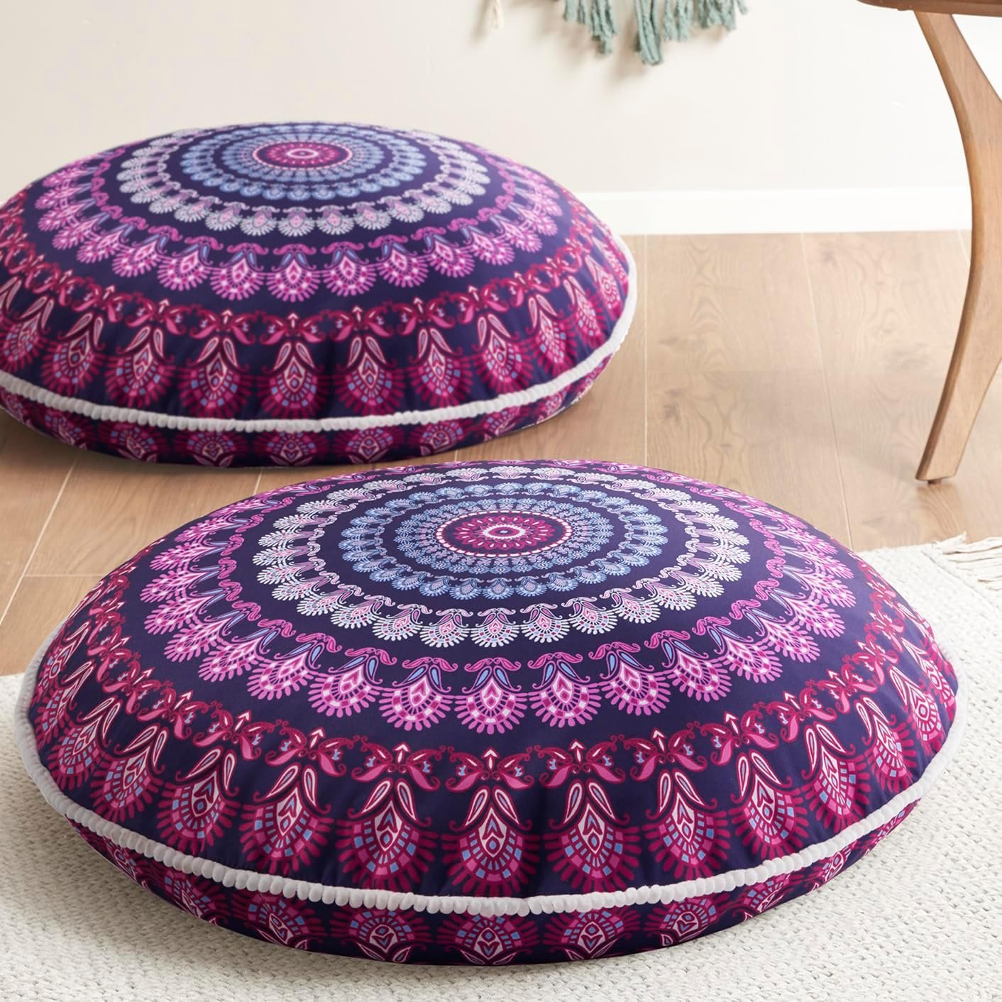 Codi Floor Pillows 2 Pack, Large Meditation Cushions for Adults, 32-inch | Oversized Round Seating for Yoga, Supportive Shredded Memory Foam Filling, Removable Machine Washable Boho Cover, Purple
