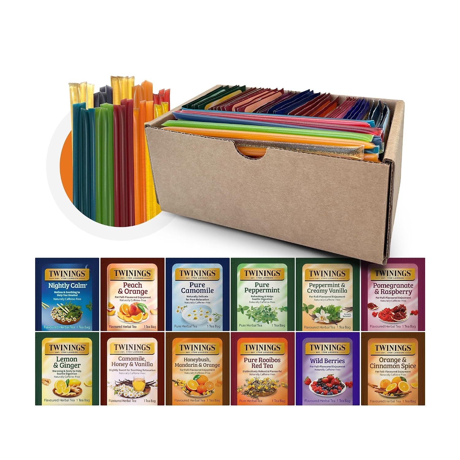 Twinings 48 Tea Bags Herbal Variety Pack – 12 Caffeine-Free Flavors + 20 Honey Sticks, Relaxing Herbal Tea Gift Set for Tea Lovers, Bedtime & Daily Wellness