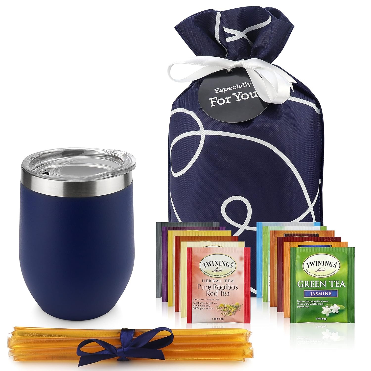 Tea Lovers Gifts Basket – Gift Set Include Temperature Retention Cup 12 Special Blend Teabags & Honey Presented in Beautiful Gift Bag For Women & Men – Birthday, Get Well, Thinking of You Care Package