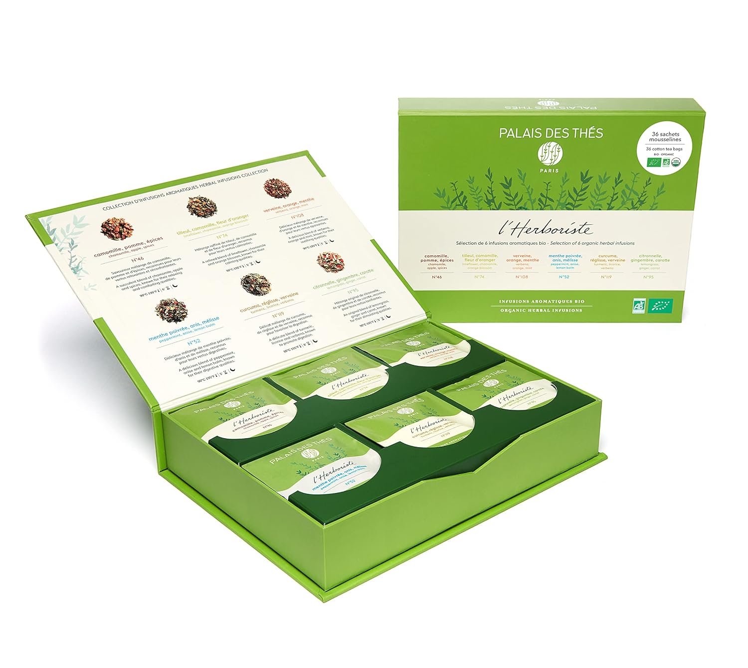 Palais des Thés – Herbal Teas Gift Set- Premium assortment – 36 Cotton Bags | Organic caffeine-free botanical collection. A soothing chamomile, verbena, and ginger sampler perfect for bedtime drinks