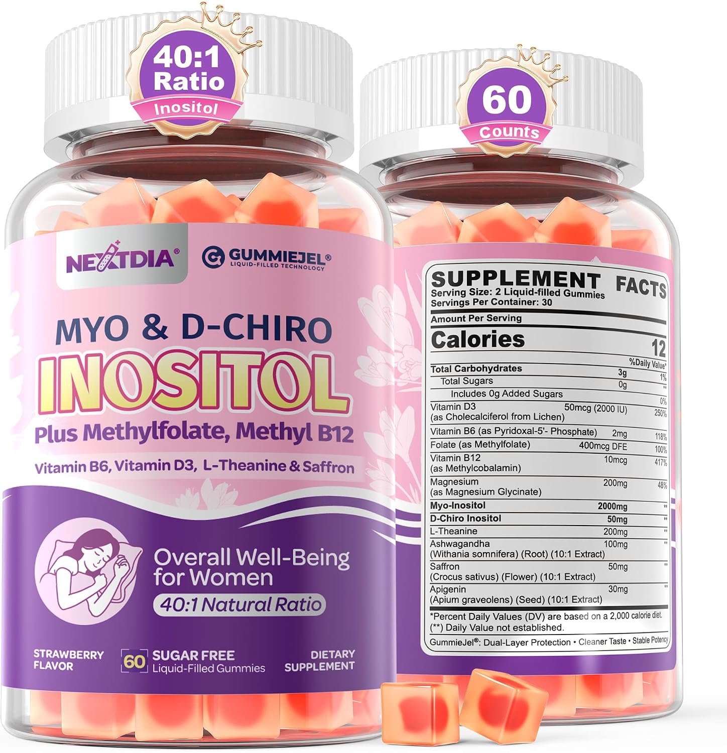 Women Sleep Gummies with Myo-Inositol & D-Chiro Inositol + Saffron, MTHF Folate, Vitamin B6 & B12, 40:1 Ratio Myo Inositol Supplement for Hormone Balance, Mood, PCOS & Ovarian, Sugar Free, 60Cts