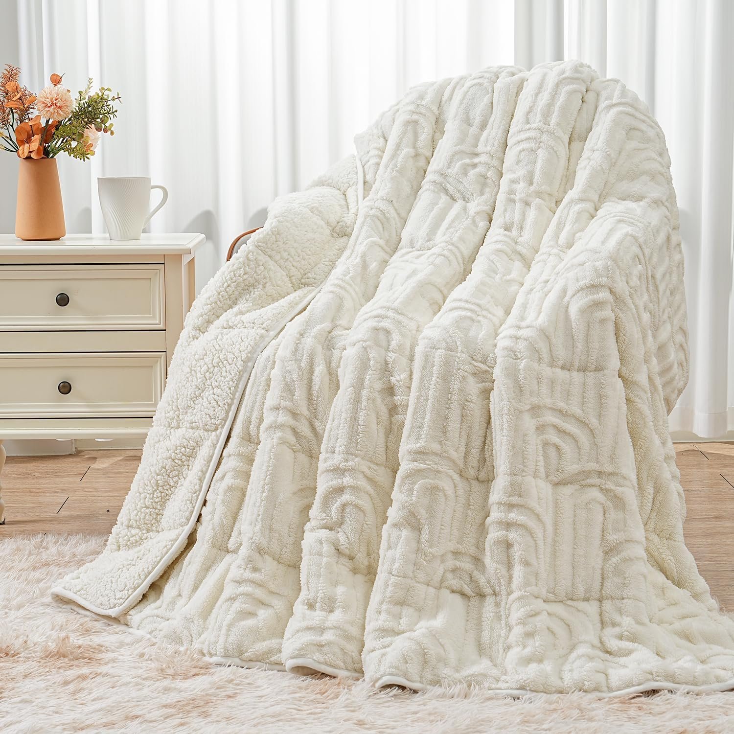 Fleece Weighted Blanket Queen Size 15lbs, Soft Sherpa Heavy Blankets | 60″ x 80″ Cream White, Adults Jacquard Knitted Throw for Better Sleep and Relaxing, Comfort Fluffy Cozy Warm Chunky