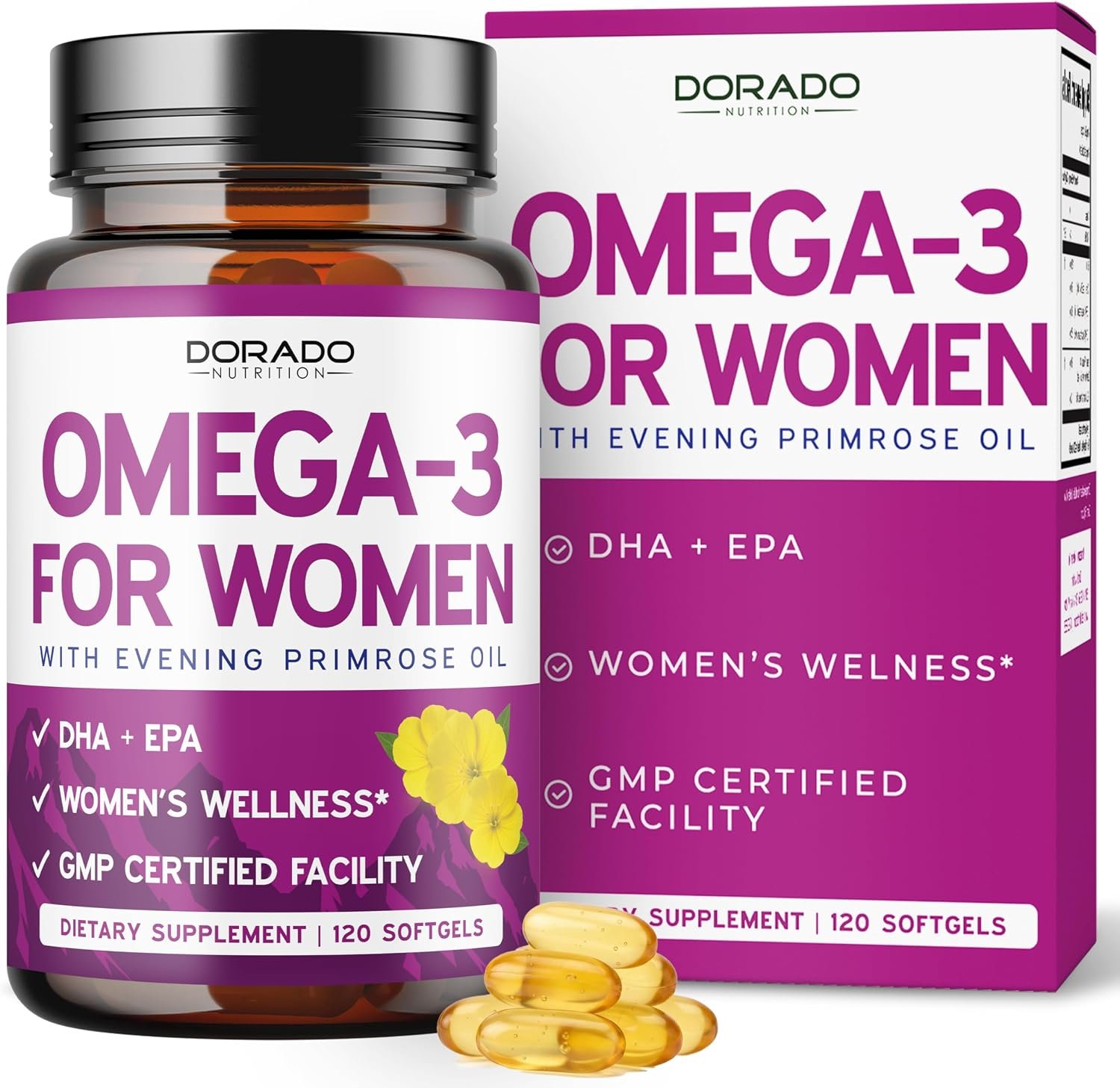 Fish Oil Omega 3 Supplements for Women (120 Softgels) DHA + EPA | Omega-3 Fish Oil Supplements with 800mg Evening Primrose Oil – Heart Health, Hormone Balance, Skin & Wellness Support – 120 Count