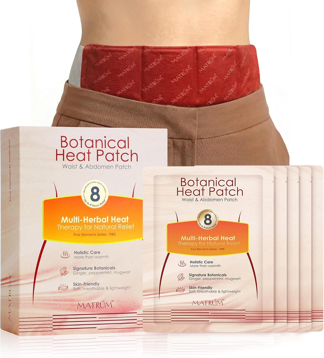MATRÚM Menstrual Heating Pads for Cramps & Back Pain Relief – Adhesive Heat Wraps for Period Pain – Long-Lasting, Drug-Free Heat Therapy – Discreet, Skin-Friendly Wear,Up to 8 Hours – 5 Count