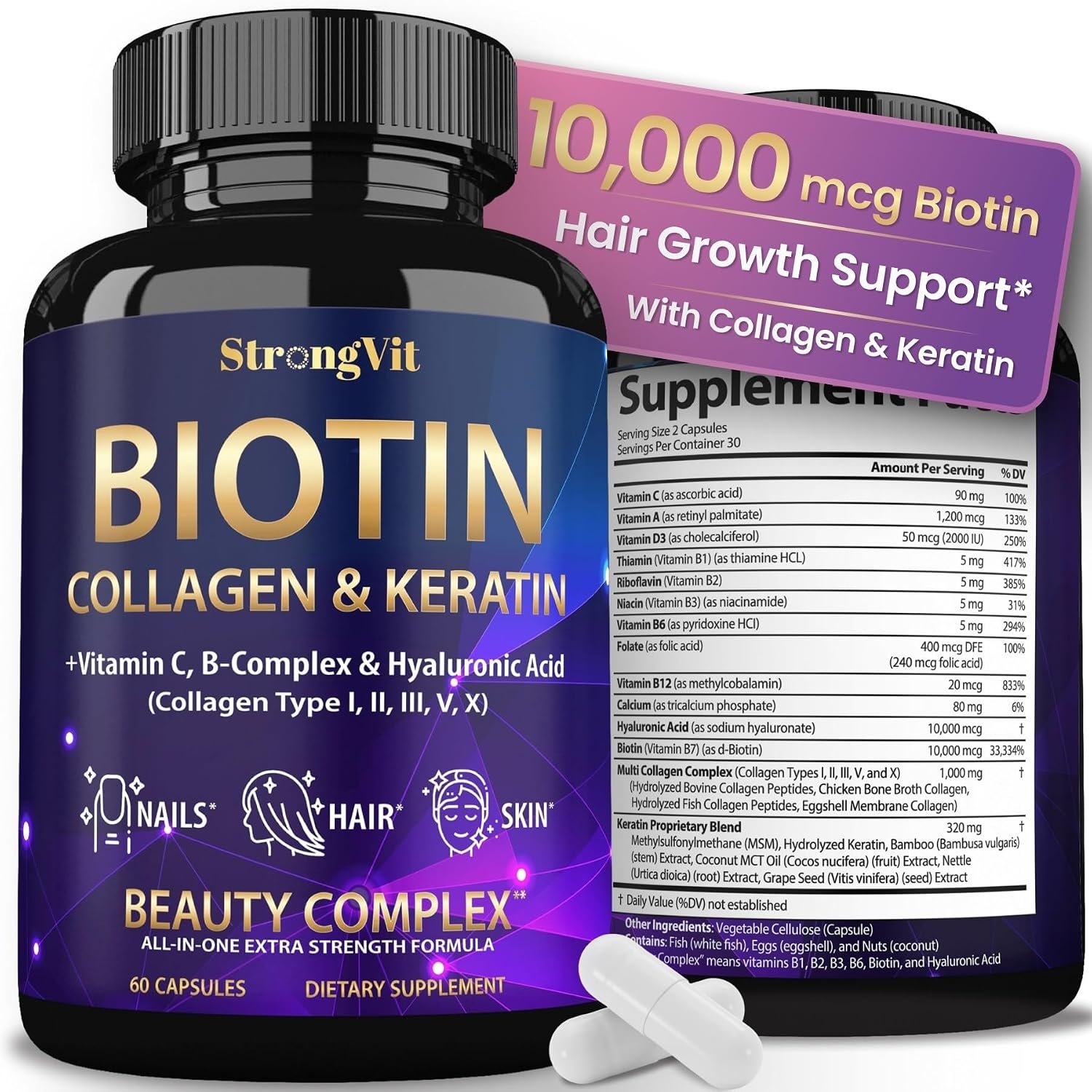 StrongVit Biotin with Hyaluronic Acid, Keratin and Collagen Supplements – 10000mcg for Hair Growth Women and Men – Hair Skin and Nails Vitamins – 60 Capsules
