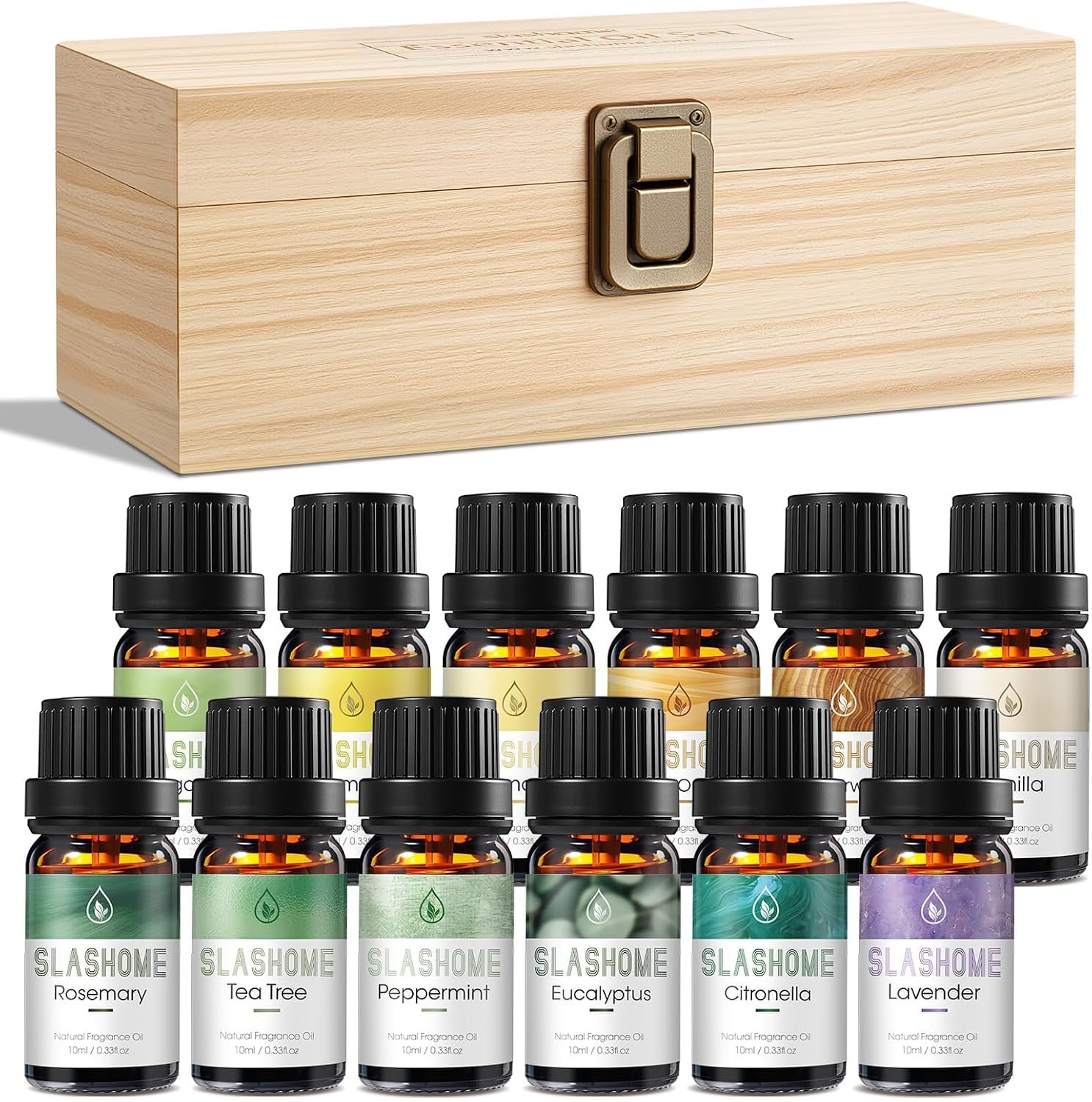 Slashome 12 Pack Water Soluble Essential Oils Set for Diffusers for Home | Scented Oil with Wooden Gift Box for Women – Lavender, Peppermint, Sweet Orange, Tea Tree & More
