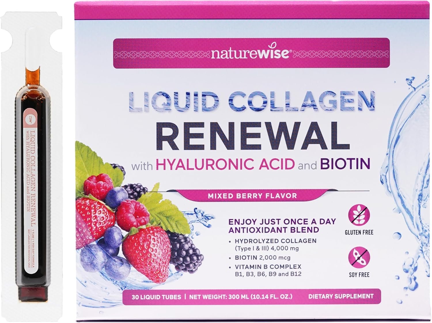 NatureWise Hydrolyzed Liquid Collagen for Women & Men 4000mg – High Absorption, Type 1 & 3 Peptides with Biotin + Vitamin C + Vitamin B Complex & Hyaluronic Acid -Mixed Berry – 30 Tubes[30 Day Supply]