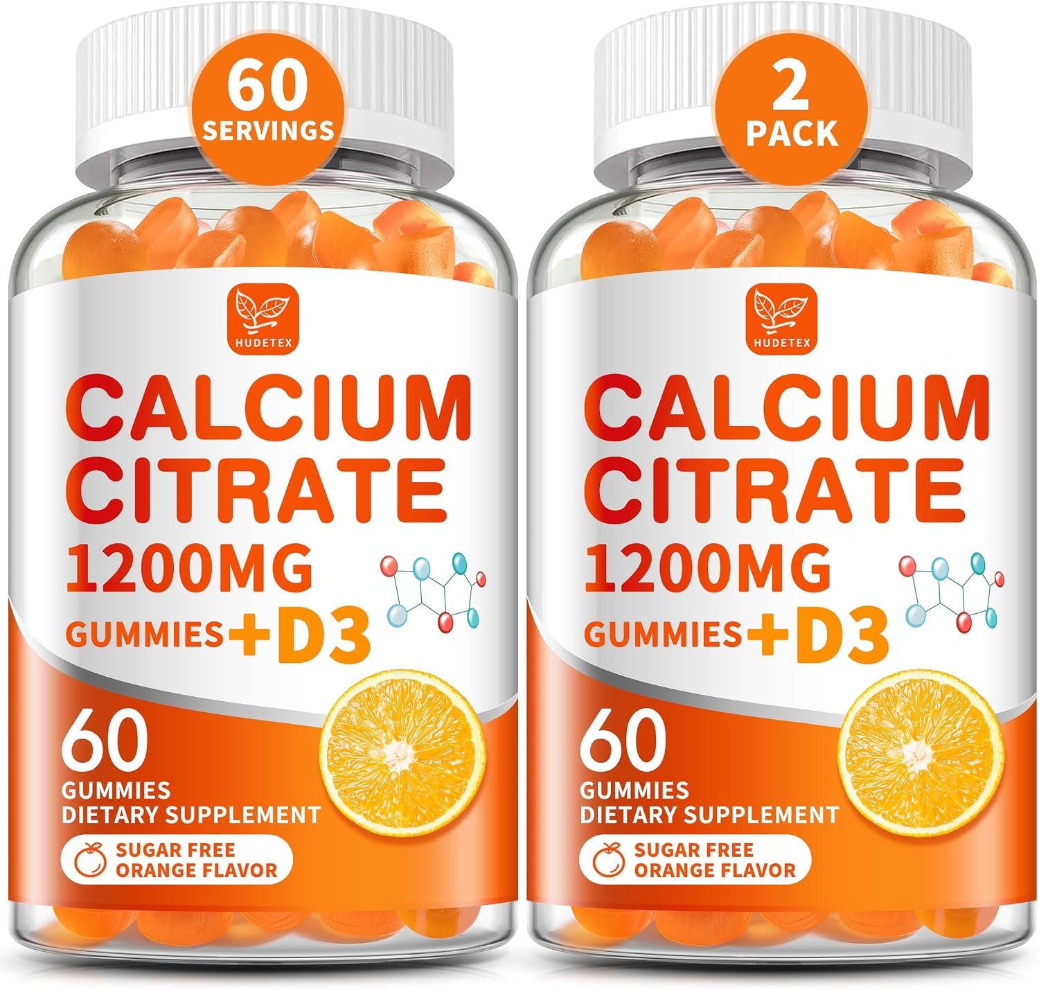 (2 Pack) Calcium Citrate 1200 mg with Vitamin D3 Gummies for Women & Men,Calcium Supplements for Bone & Teeth Support,High Absorption – Easy to Digest, Sugar Free,Vegan,Orange Flavor,60 Day Supply