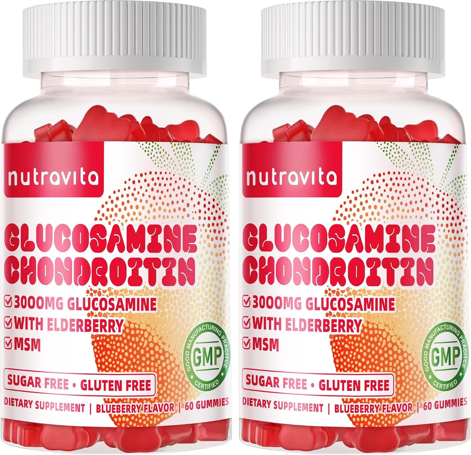 Nutravita Glucosamine Chondroitin Gummies with MSM & Elderberry Extra Strength – Joint Support, Antioxidant Immune Support Supplement for Adults, Men & Women.120 Strawberry Chews