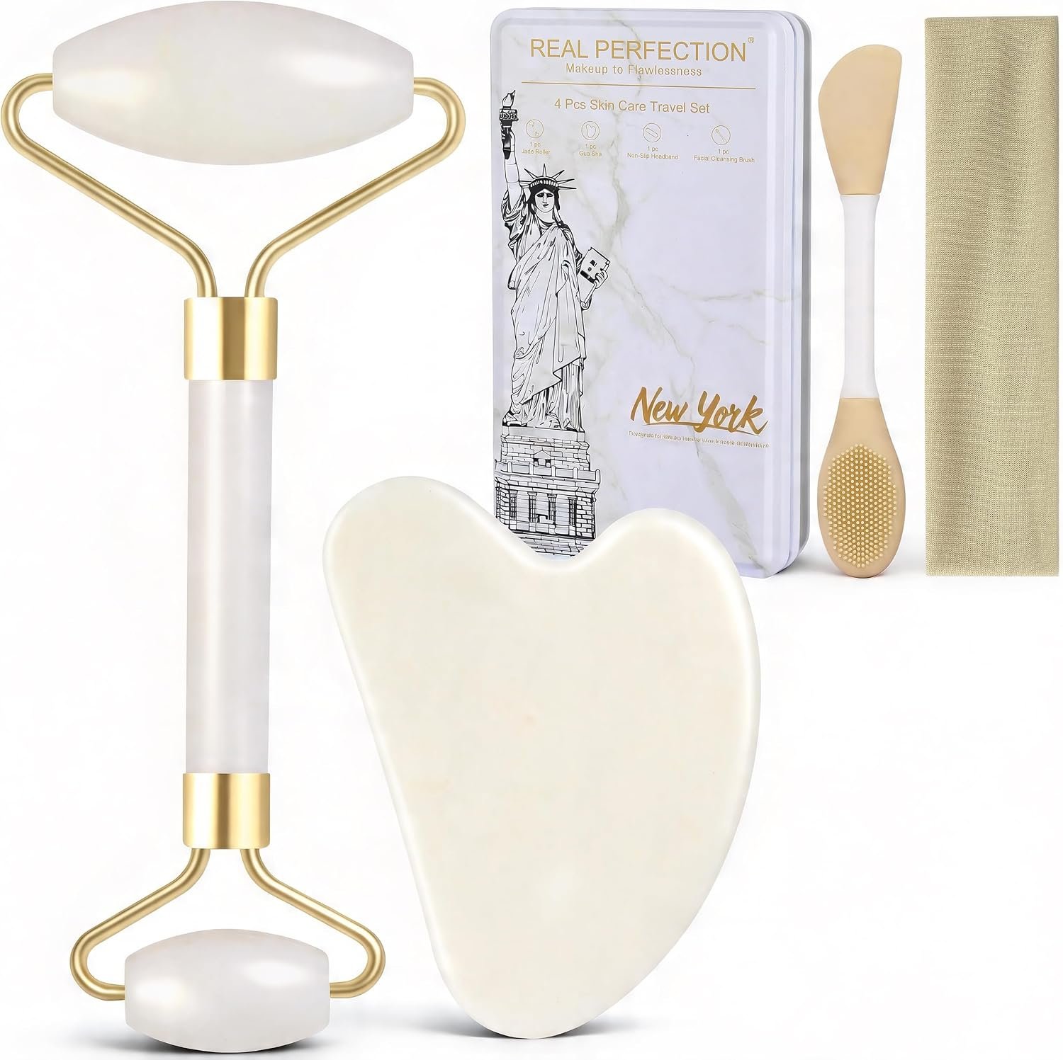 Real Perfection Gua Sha Facial Tools Face Roller for Wrinkles Jade Roller and Gua Sha Set, Scrubber Pore Brush Headband Skin Care Tools for Travel Skincare Routine Massaging Reducing Puffiness – White