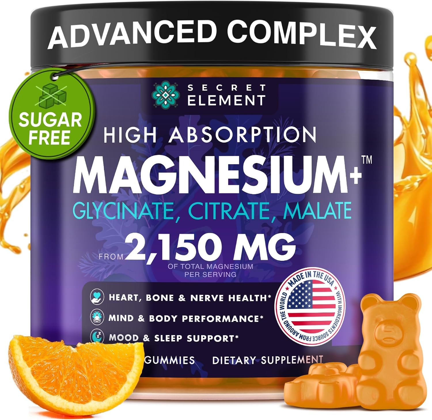 Magnesium Glycinate 2150MG Gummies for Women and Men, High Absorption Magnesium Glycinate, Citrate, Malate Gummies for Adults & Kids, Sugar Free, Vegan, 60 Chews, Orange