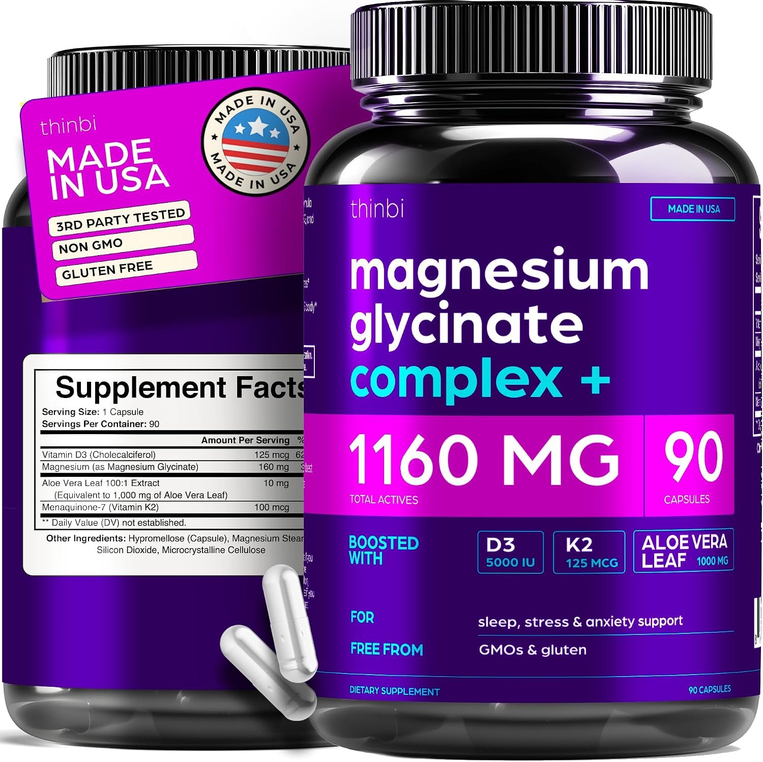 Thinbi Magnesium Glycinate Complex for Women & Men, D3, K2 & Aloe, 90 Caps