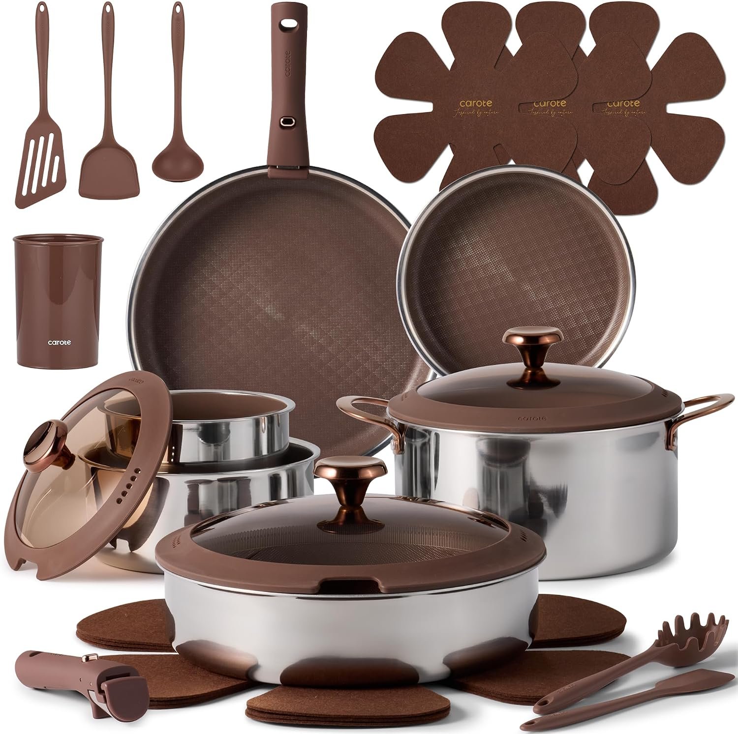 CAROTE 22pcs Hybrid Nonstick Pots and Pans Set, Stainless Steel Cookware Set with Honeycomb Titanium Interior, Induction Safe, Oven Safe, Brown (PFOS, PFOA Free)