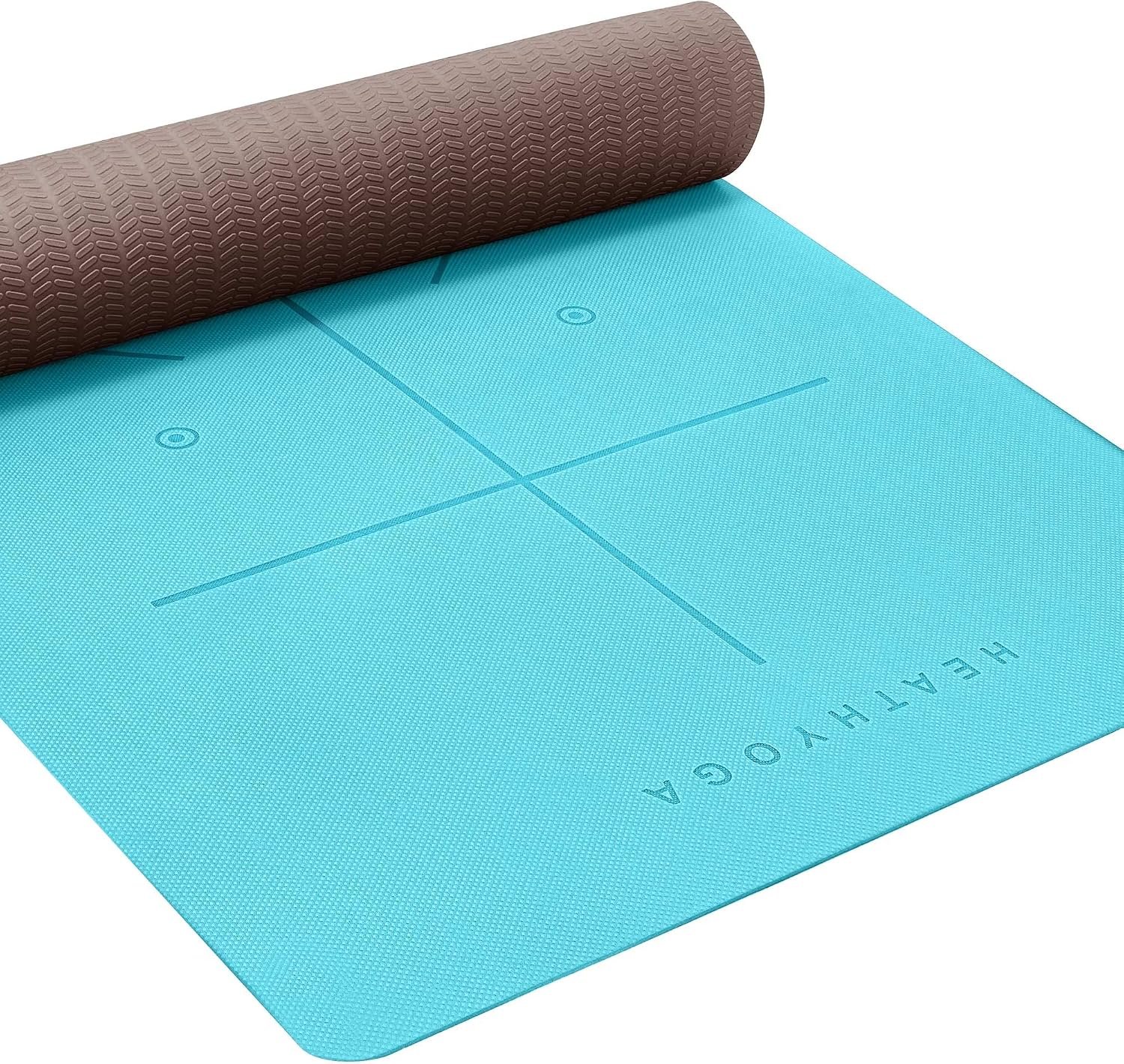 Heathyoga Yoga Mat Non Slip TPE Pilates Exercise Mats for Home Workout Gym Fitness Eco Friendly Thick Hot Yoga Mat with Strap Body Alignment,72″x 26″ Thickness 1/4″