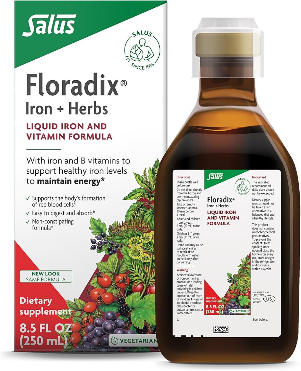 Floradix Iron & Herbs – Liquid Herbal Supplement for Energy Support – Iron Supplement with Vitamin C & Vitamin B Complex – Ferrous Gluconate Iron – for Men & Women – 8.5 fl oz