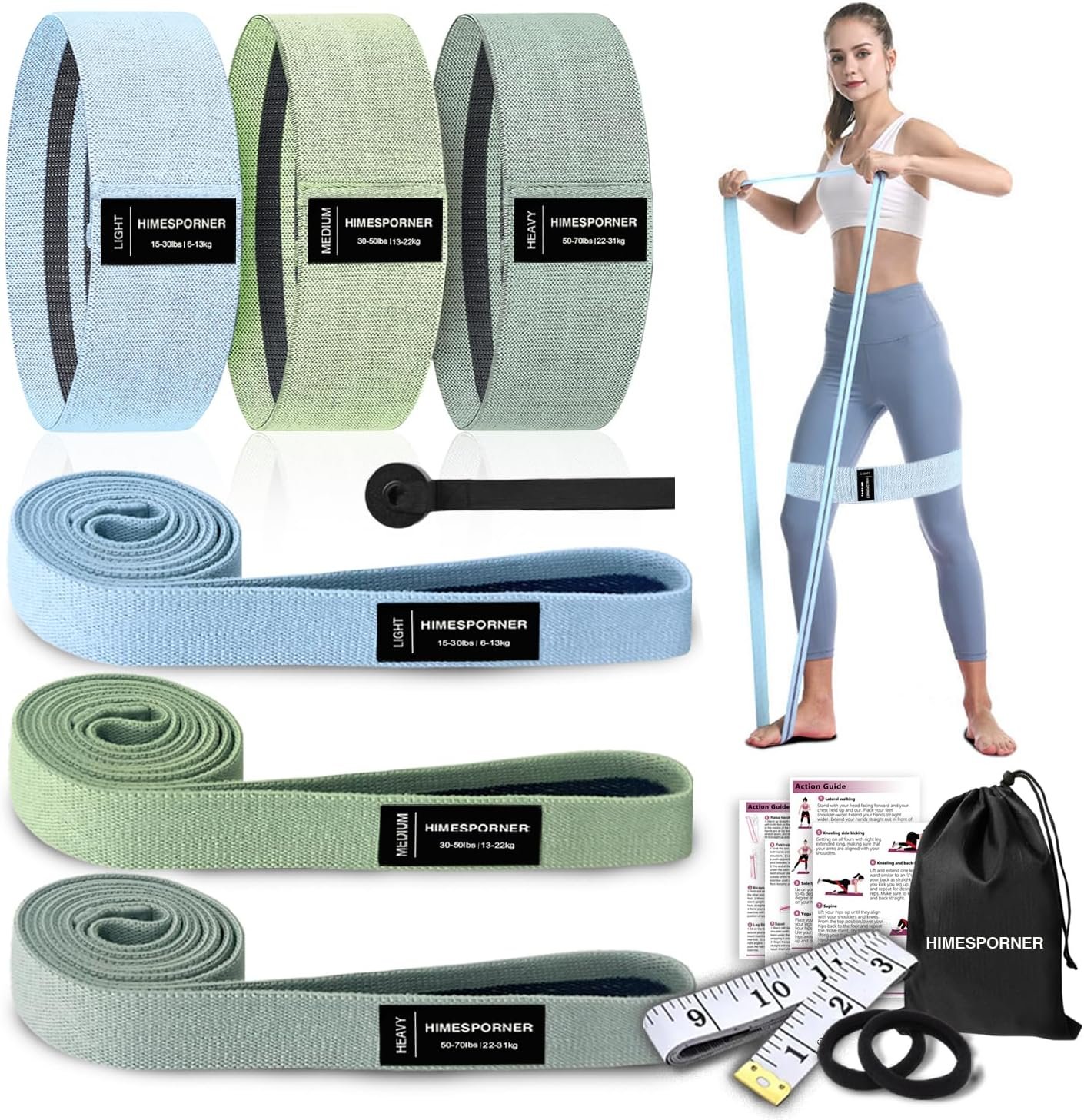 HIMESPORNER 9 PCS Fabric Resistance Bands Set for Working Out | Non-Slip Exercise Booty Bands for Women Men Leg Glutes with Hair Ties and Tape Measure – for Home Gym Workout, Yoga, Pilates