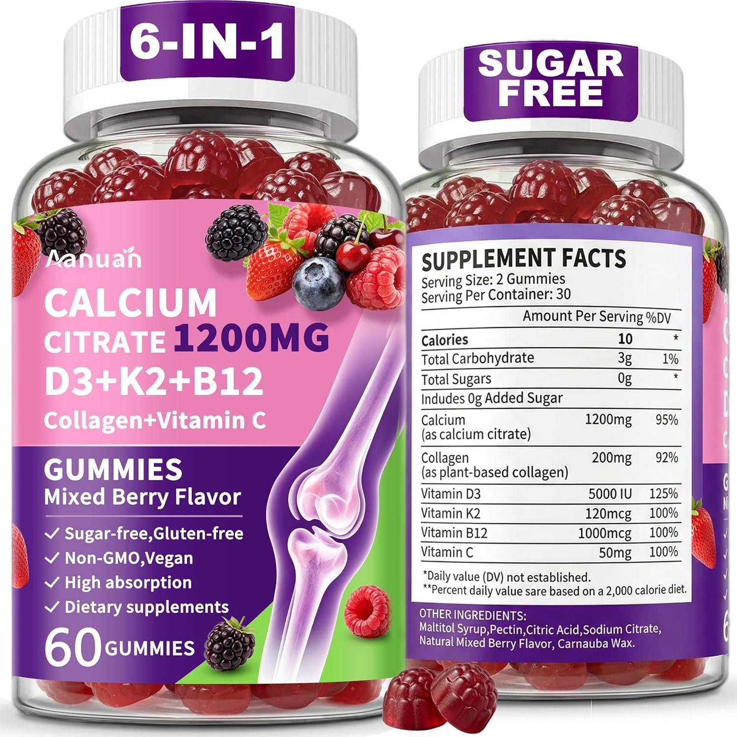 (2 Pack) Calcium Citrate 1200 mg Gummies with Collagen, Vitamin C D3 K2 B12 | Calcium Supplements For Women For Bone, Teeth & Muscle Healthy, High Absorption, Sugar Free, Vegan, Non-GMO, Berry Flavor