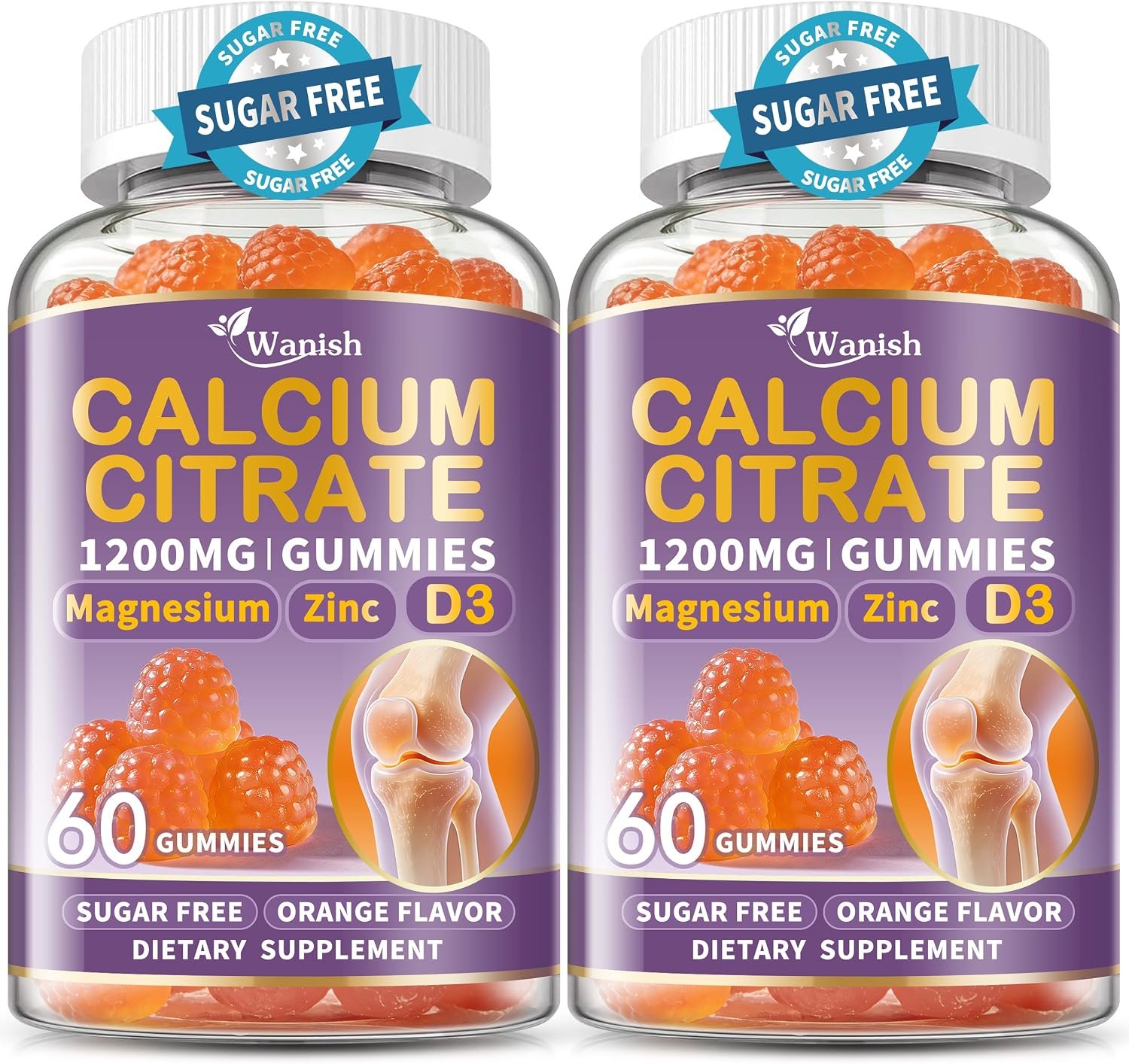2 Pack Calcium Citrate 1200 mg for Women Men,Calcium Magnesium Zinc Vitamin D3 Gummies,High Absorption Calcium Chews Supplement for Bone,Teeth and Muscle Healthy,Sugar Free,Vegan,Non-GMO,Orange Flavor