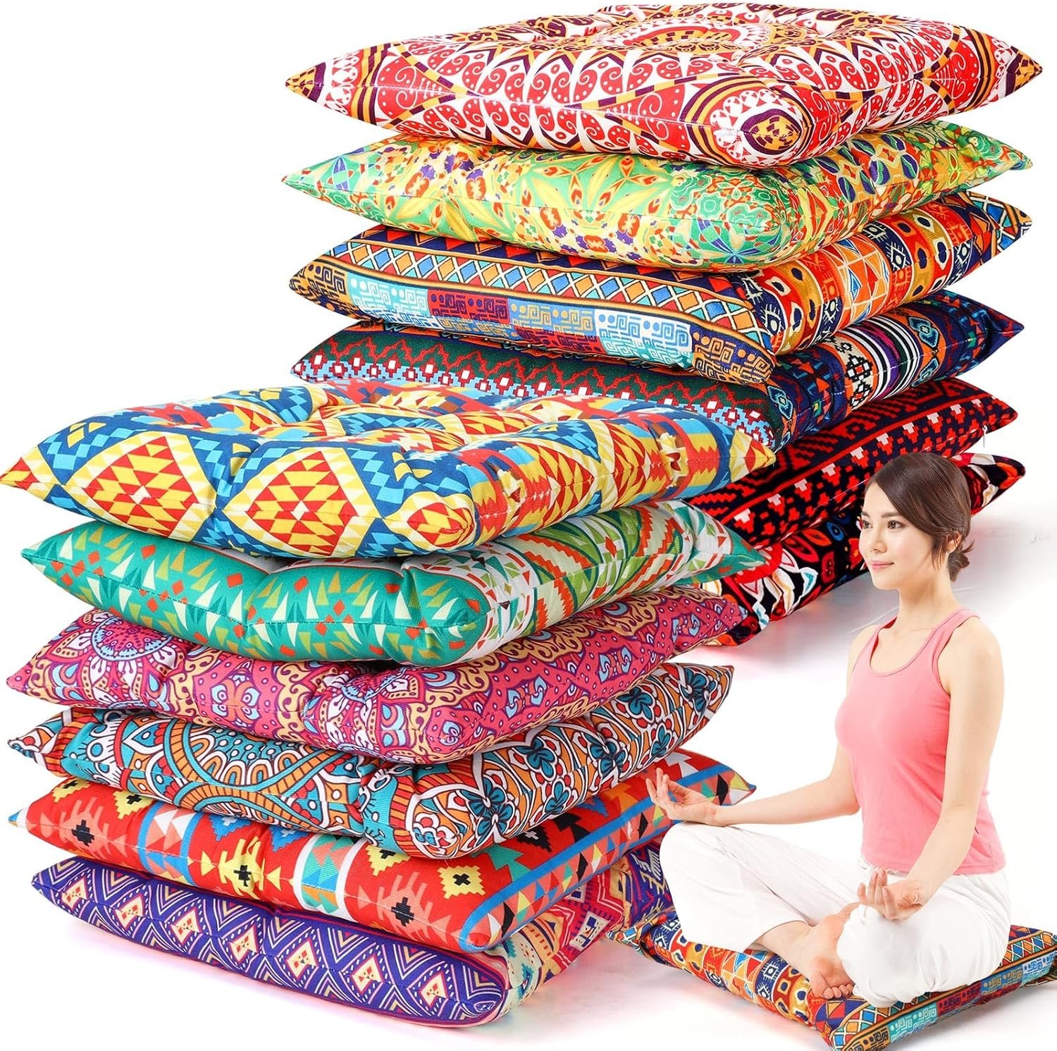 Nuogo 12 Pcs Bohemian Floor Cushions Bulk 15 Inch Boho Floor Sitting Meditation Pillows Yoga Mandala Meditation Pouf for Living Room Balcony Office Tatami(Square)