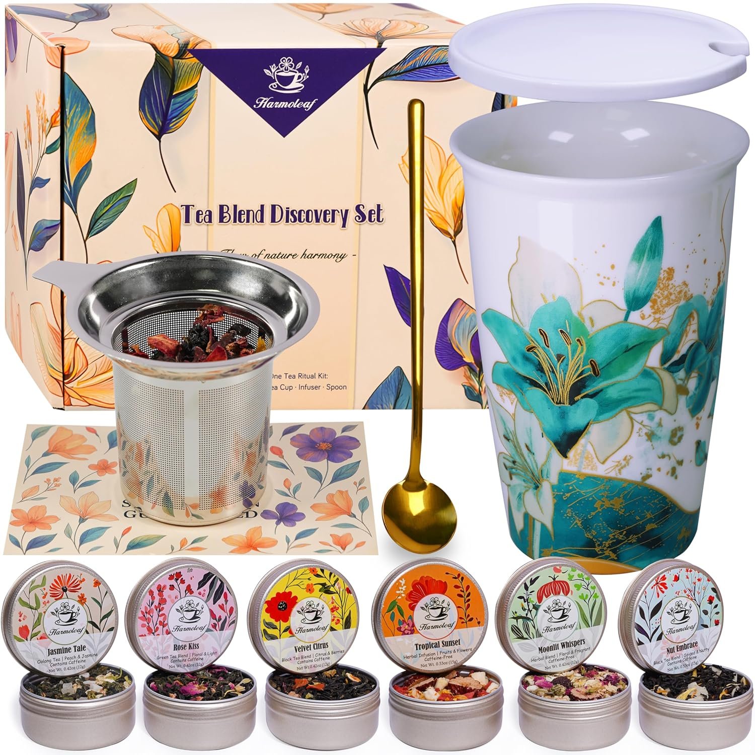 Harmoleaf Tea Gift Set for Women, 6 Loose Leaf Tea Blends with Blue Lily Insulated Ceramic Cup, Stainless Steel Infuser, Lid and Gold Spoon, Birthday, Mother’s Day, Anniversary, Retirement Gift for Her