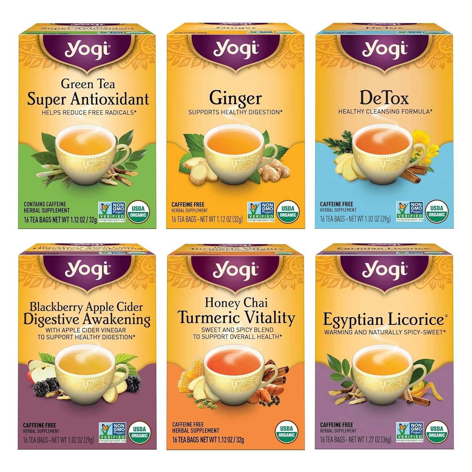 Yogi Digestion & DeTox Sampler Pack, 16 Tea Bags (6 Pack) | Herbal and Green Tea Variety with Traditional Ayurvedic Ingredients to Support Healthy Digestion and Everyday Detox